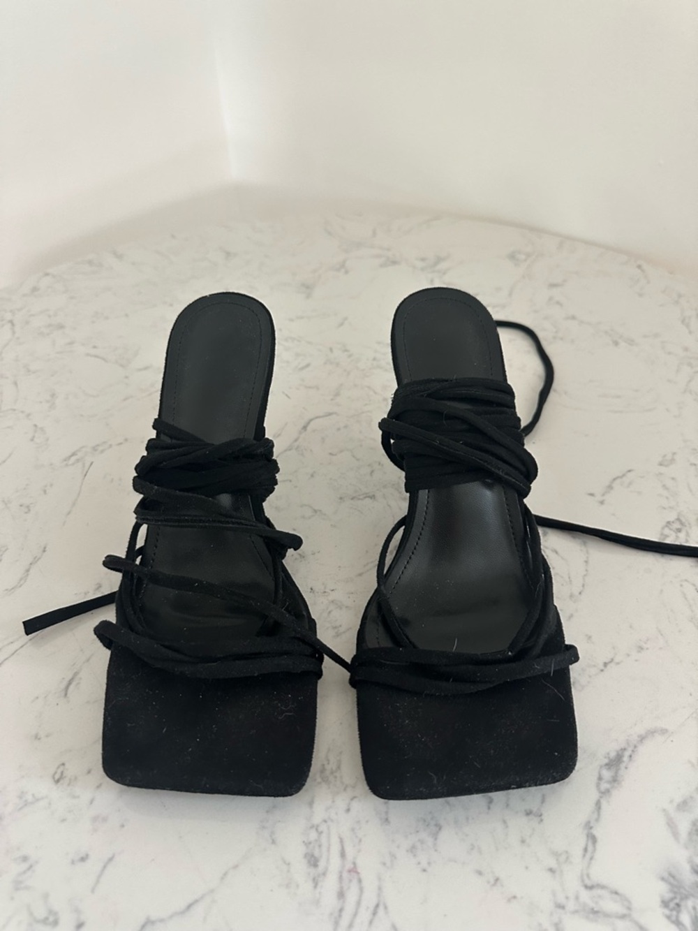 Black Lace-Up Square Toe Women's Sandals